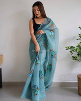 Teal Hand Printed & Cutwork Pure Organza Silk Saree
